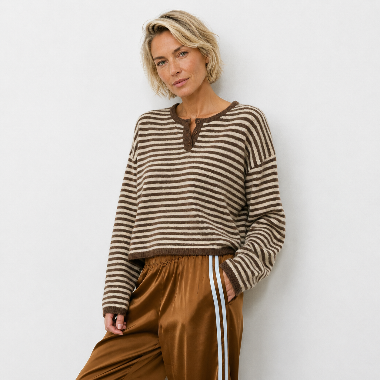 Etta Striped Henley Knit | Brown Stripe