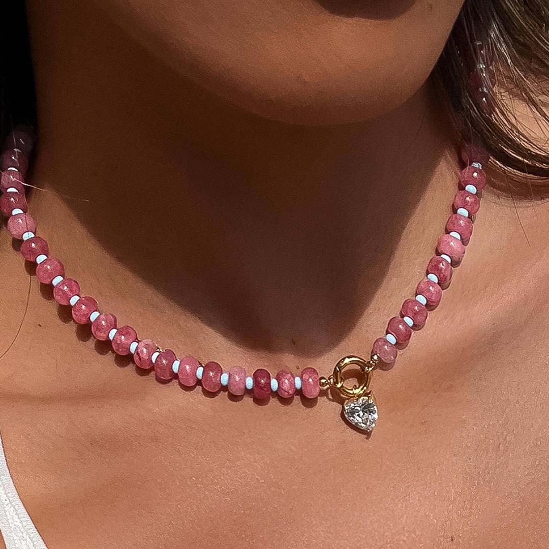Annecy Boho Beaded CZ Necklace | 18K Gold Pink
