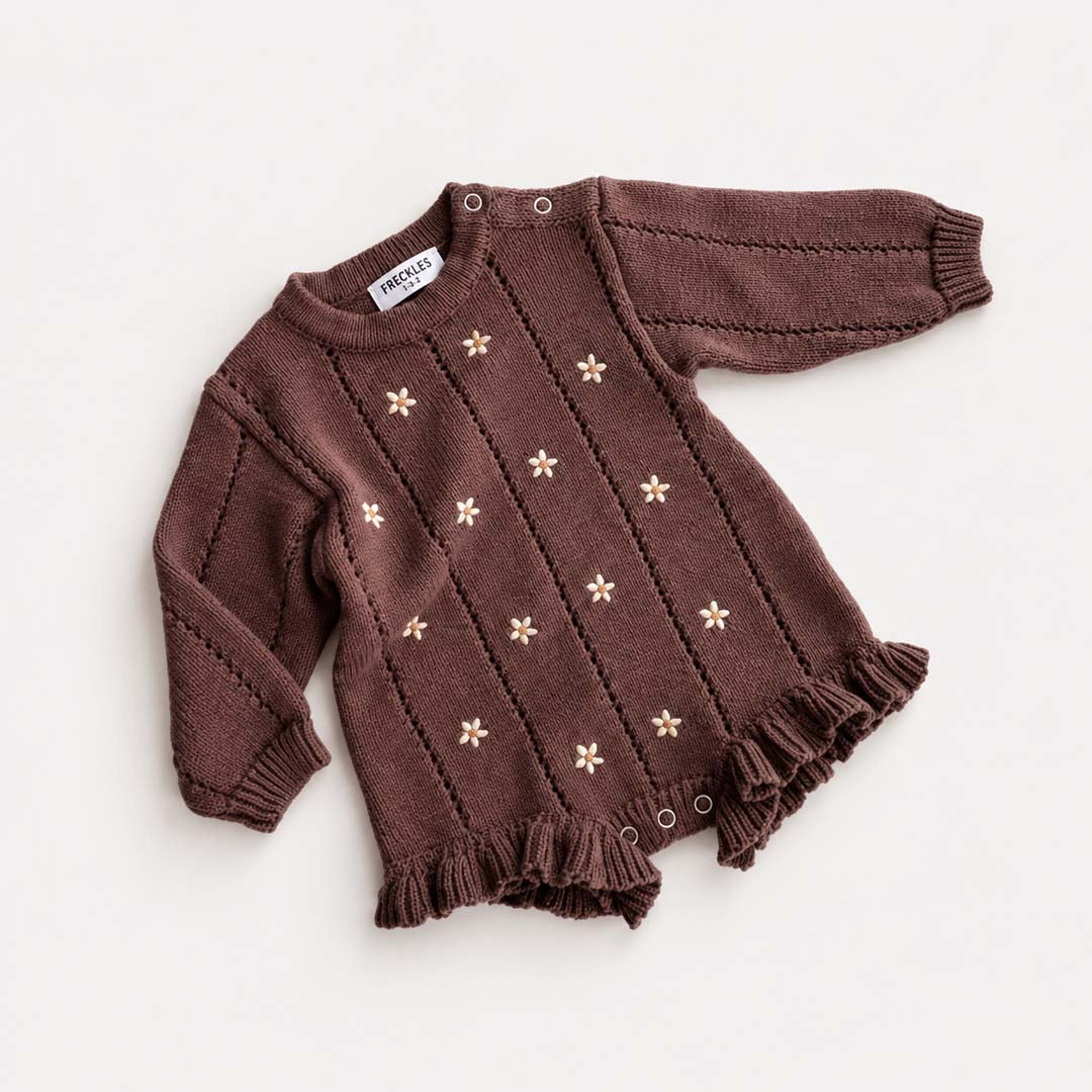 Embroidered Pointelle Romper | Brown Daisy