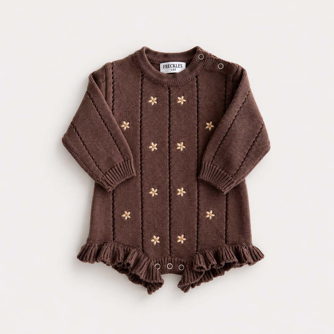 Embroidered Pointelle Romper | Brown Daisy