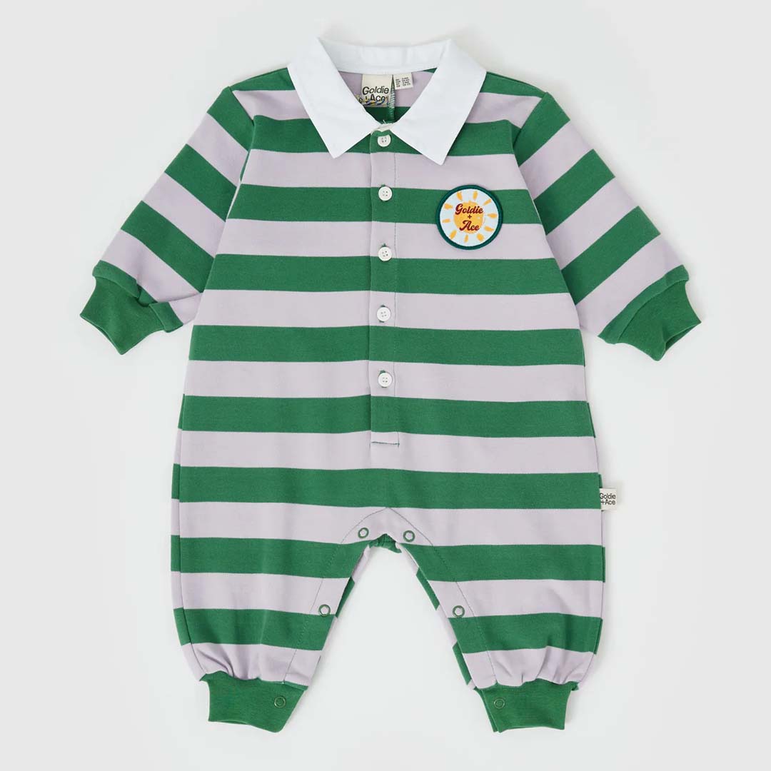 GAME ON WIDE STRIPE RUGBY ROMPER | GREEN CLOUD