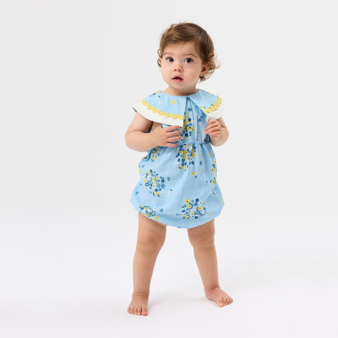 Floral Ava Collared Romper | Sky Blue — lifestyle view