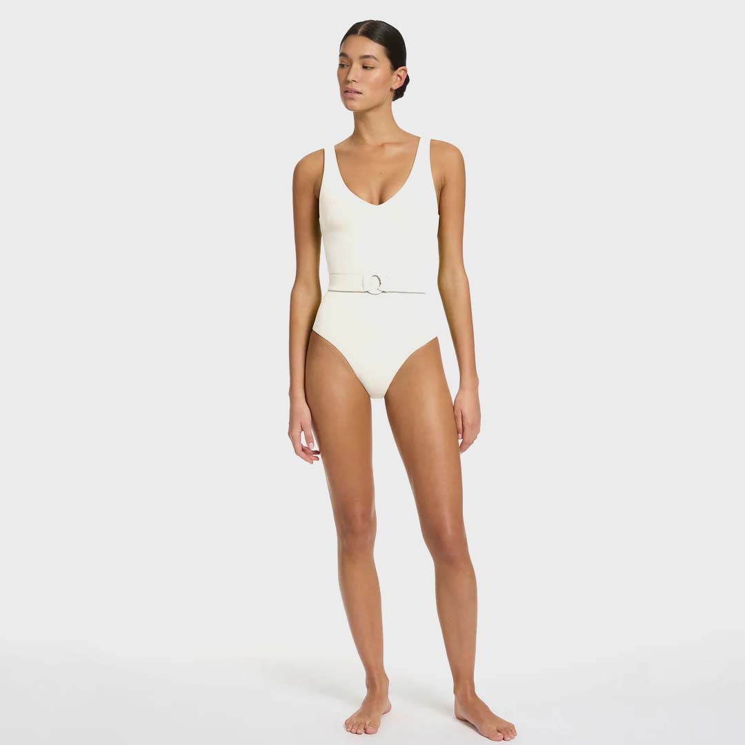 V-NECKLINE BELTED ONE PIECE | CREAM