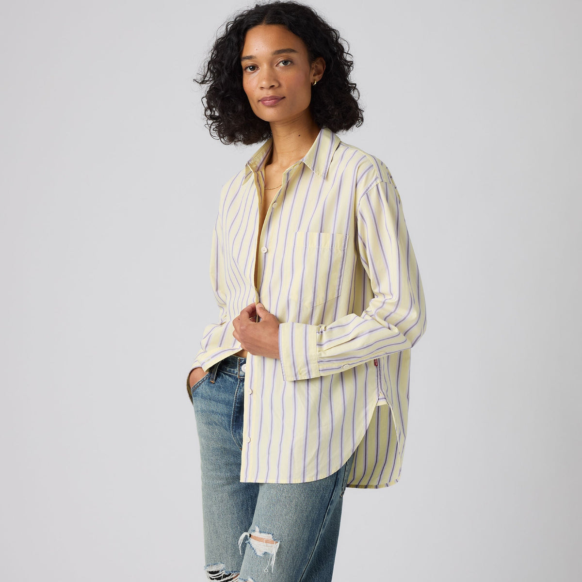 Levi's Harlie Boyfriend Shirt, Costanza Stripe French Vanilla — On-model front/three-quarter hero