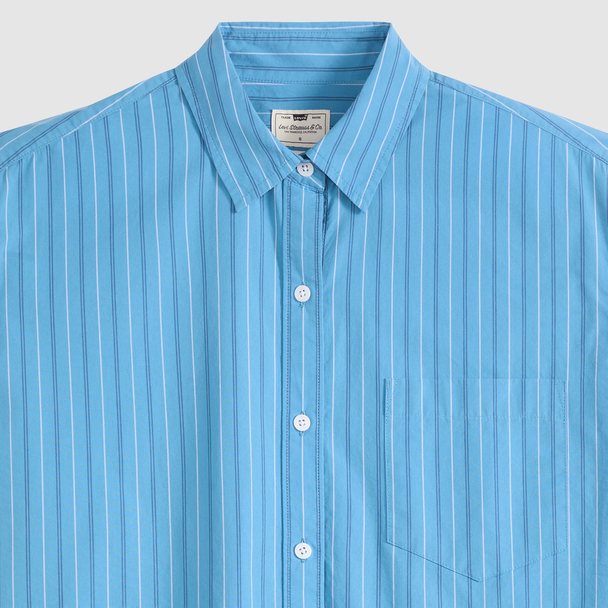 Harlie Boyfriend Shirt | Telma Stripe Parisian Blue — collar/placket/fabric detail