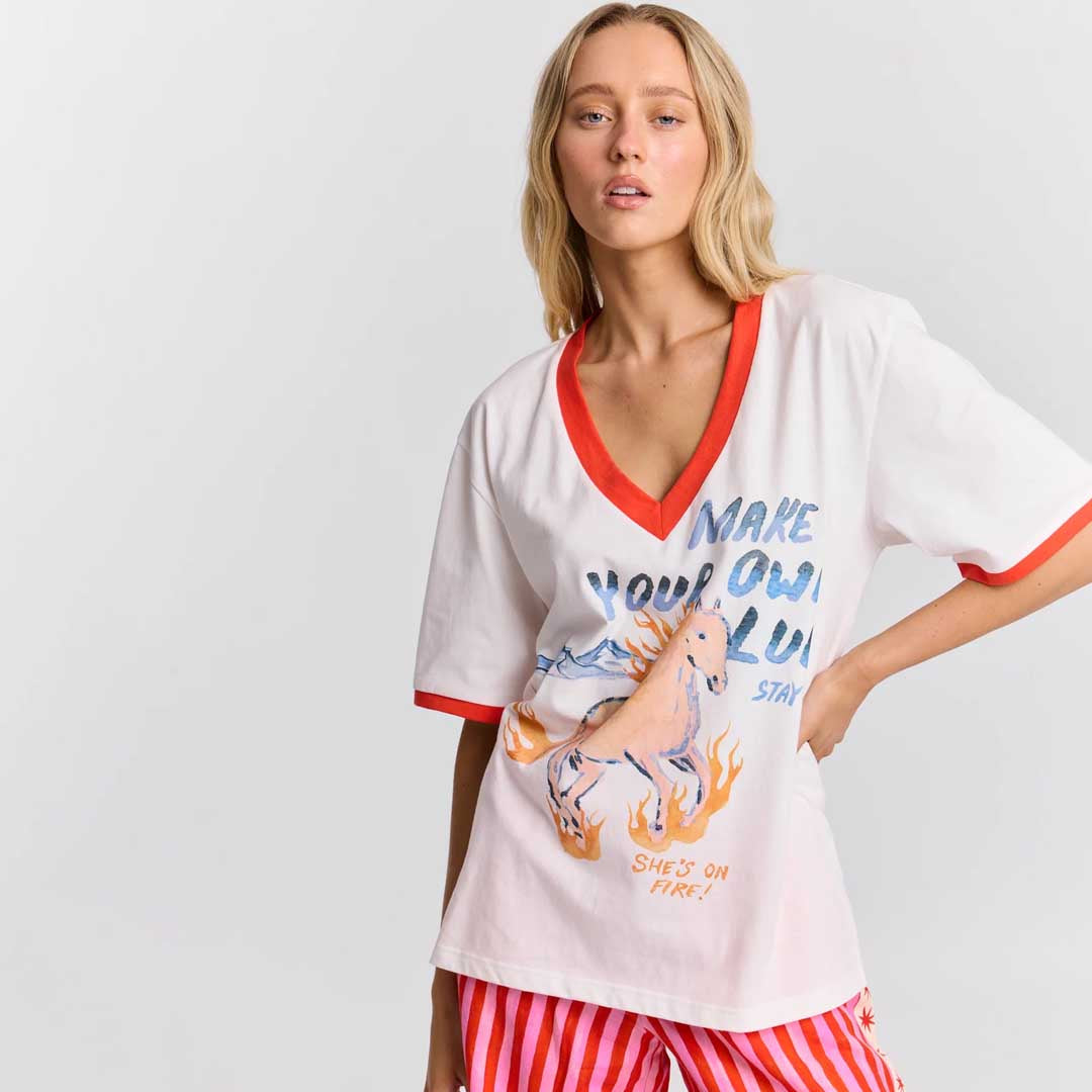 She’s on fire V-Neck Tee | White Orange