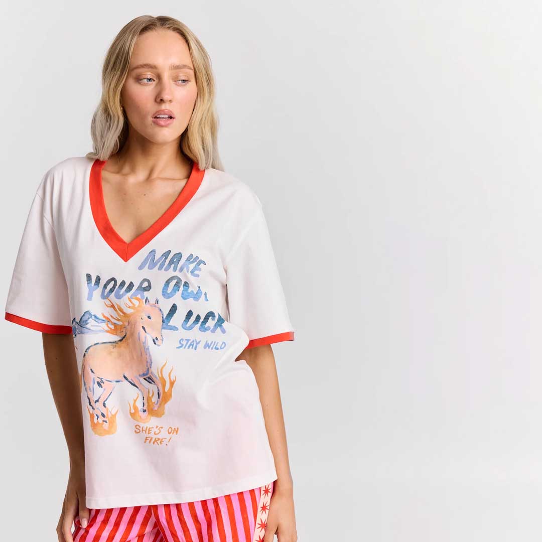 She’s on fire V-Neck Tee | White Orange