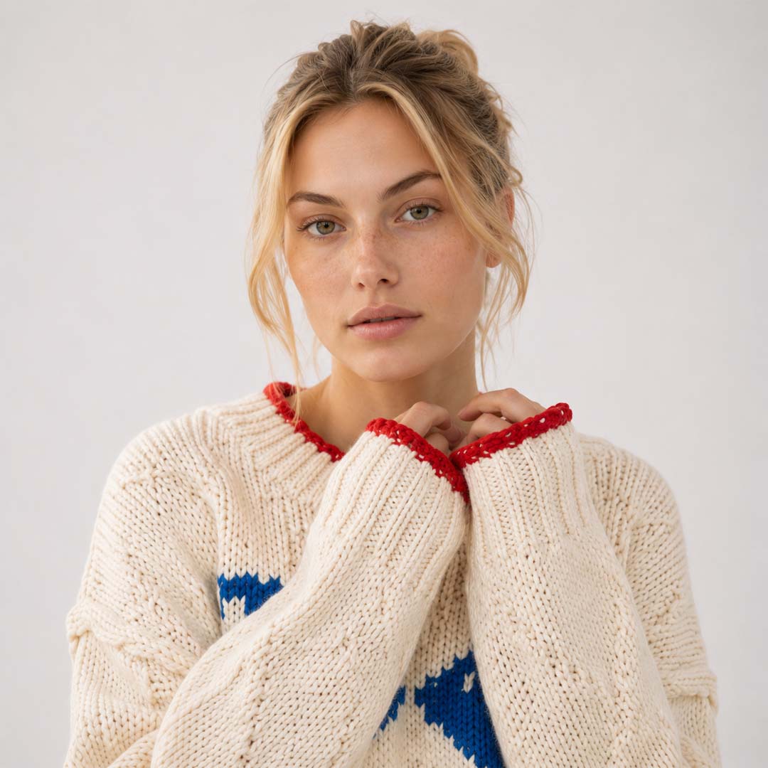Cropped Knit Sweater | Off White Blue Red