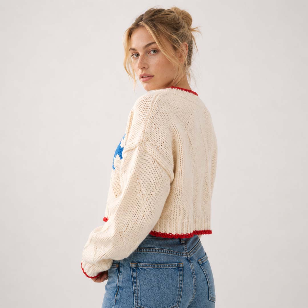 Cropped Knit Sweater | Off White Blue Red