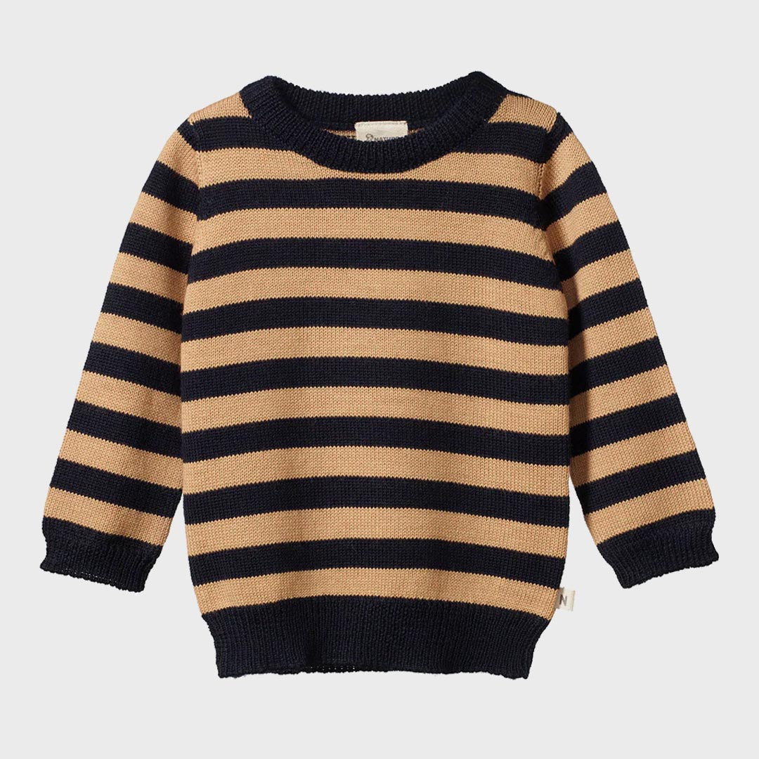 Merino Knit Pullover | Navy Caramel Stripe