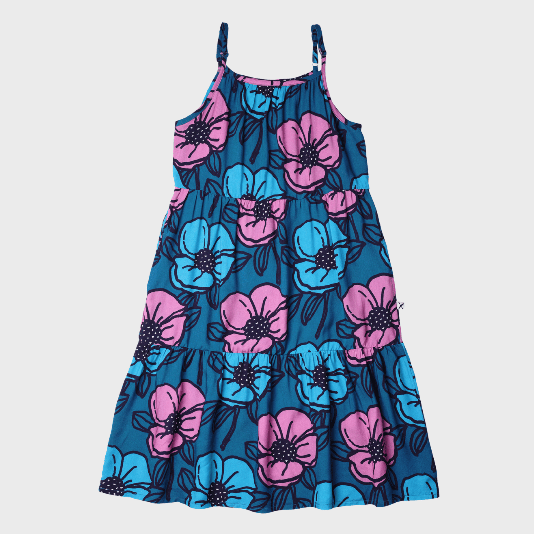 BIG FLOWERS MIDI WOVEN DRESS | TEAL