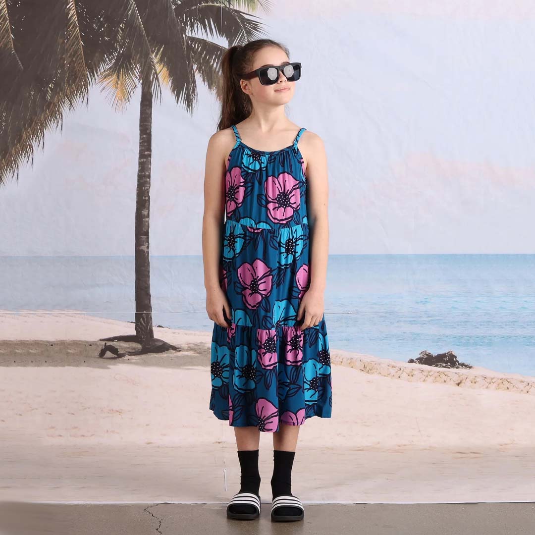 BIG FLOWERS MIDI WOVEN DRESS | TEAL