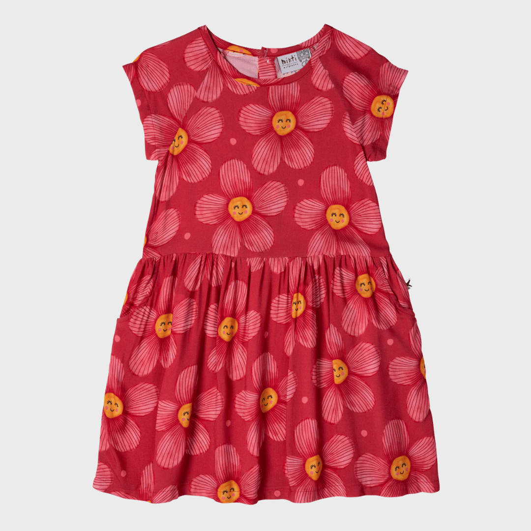 PAINTED FLOWER WOVEN DRESS - CHERRY