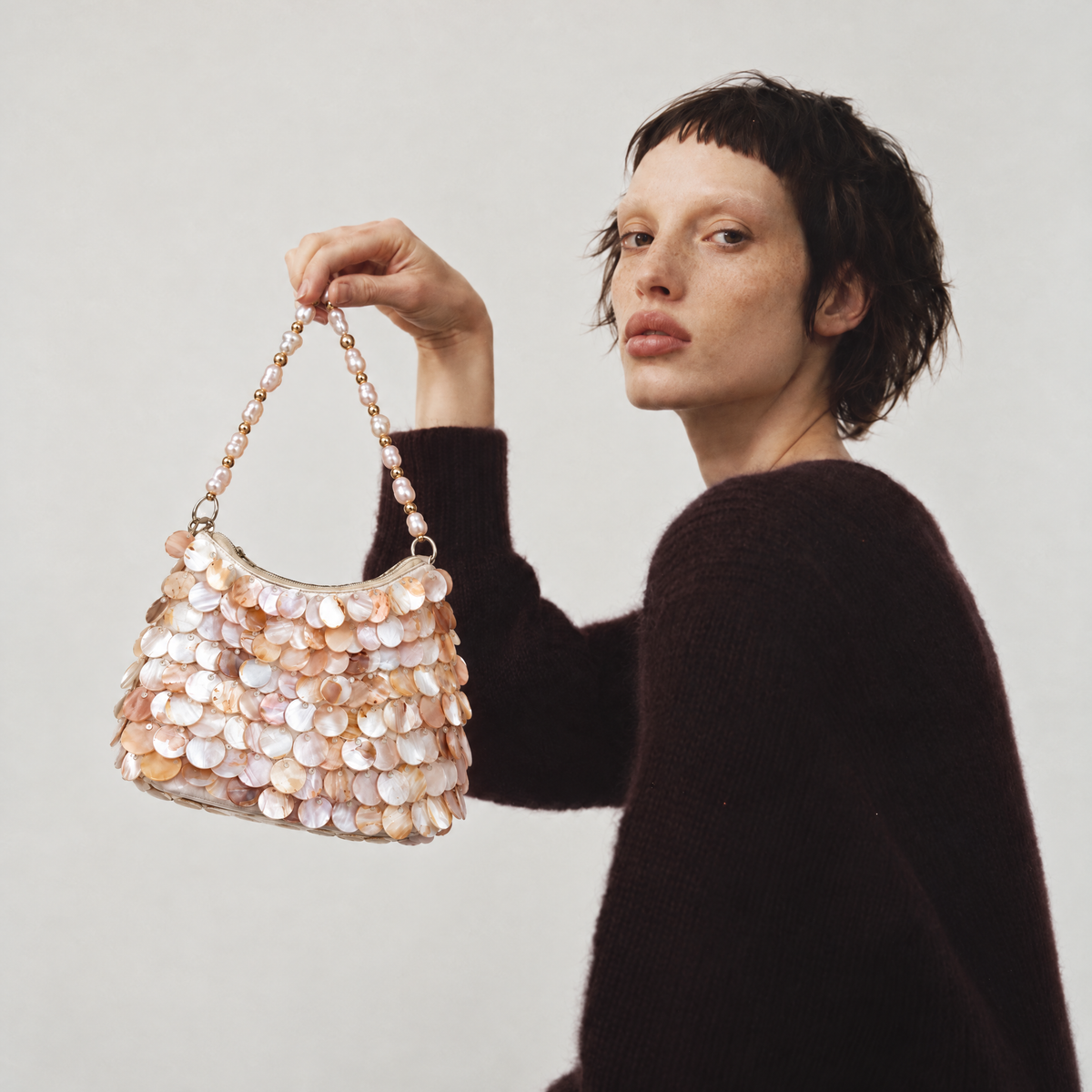 Shell Beaded Shoulder Bag | White Beige