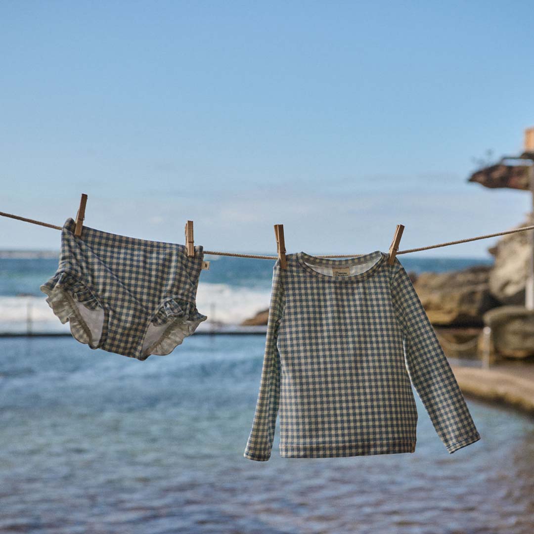 Ruffle Swim Shorts | Blue Gingham