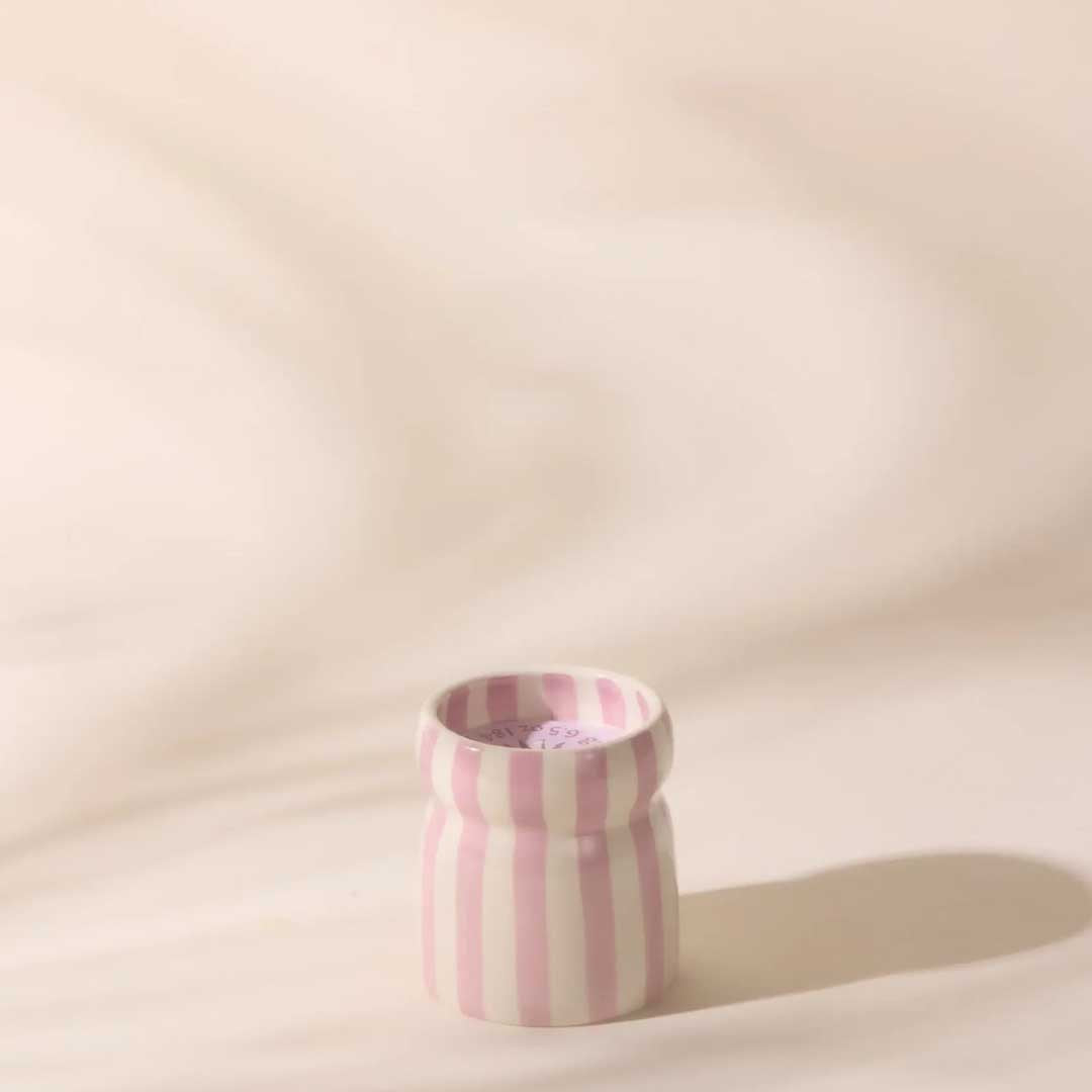 Cabana 6.5oz Lavender Stripped Ceramic Candle | Grecian Sand