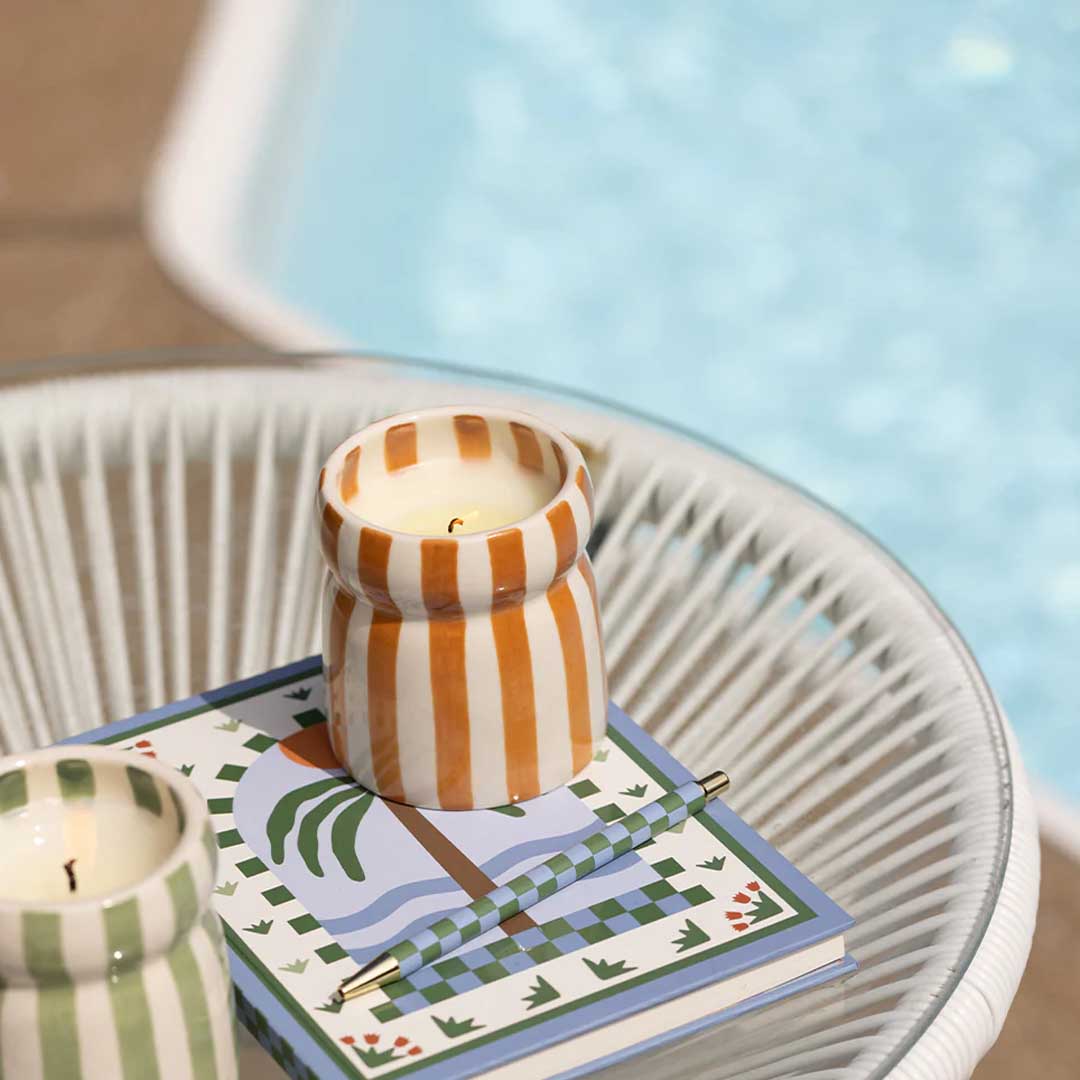 Cabana 6.5oz Rust Stripped Ceramic Candle | Sienna Sunset