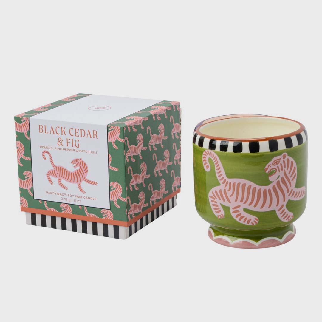 Adopo 8oz Tiger Ceramic Candle | Black Cedar & Fig