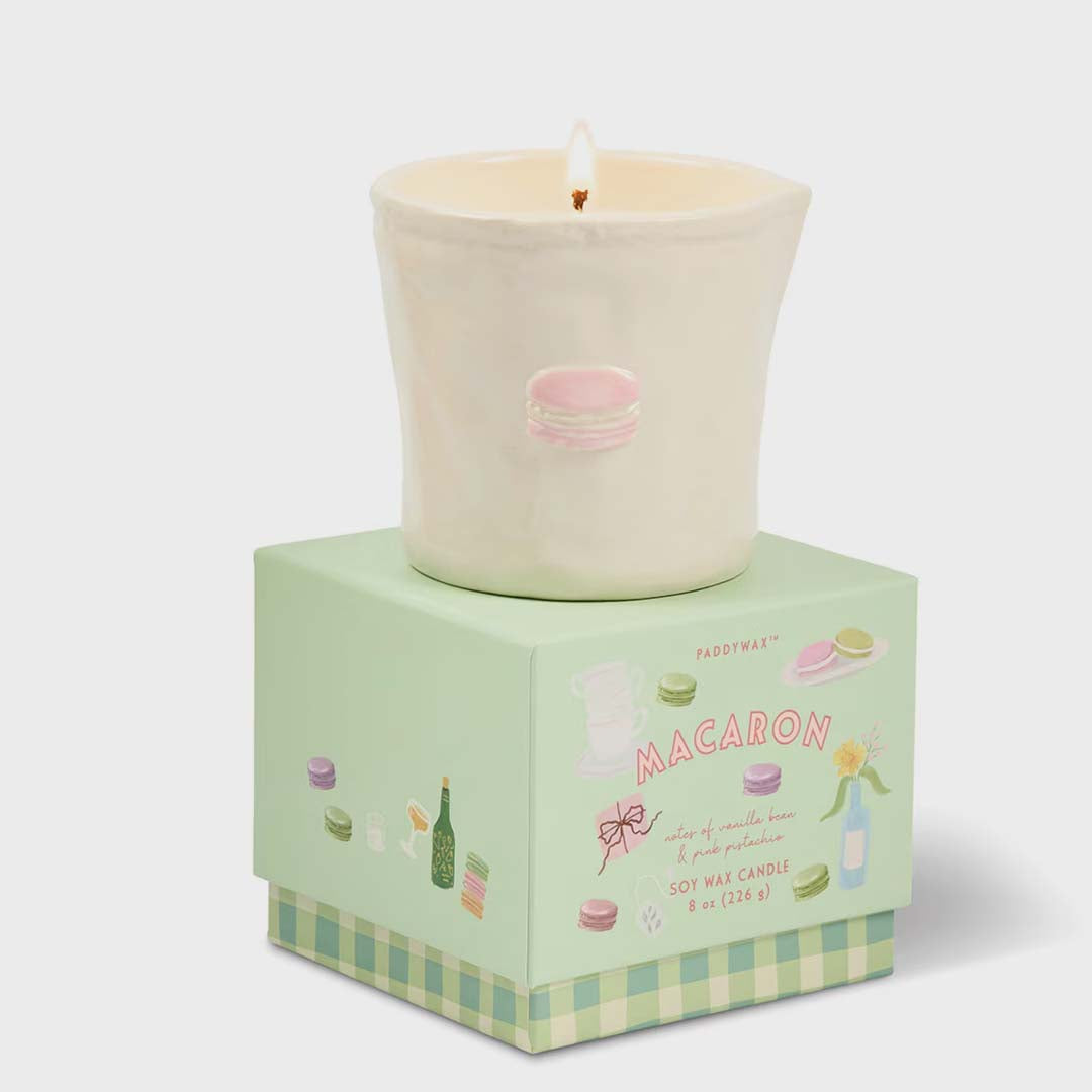 Bistro 8oz Macaron Embossed Ceramic Candle | Pink Pistachio
