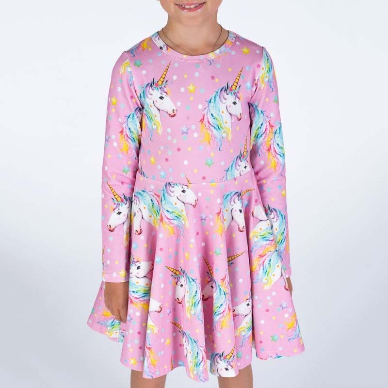 DOTTY UNICORN WAISTED DRESS | PINK