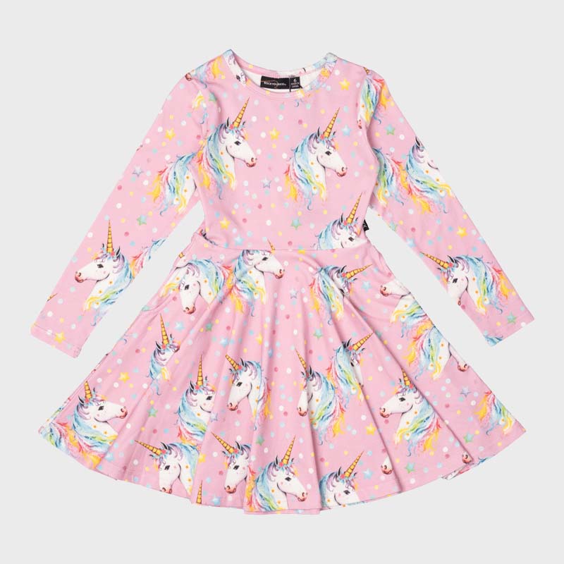 DOTTY UNICORN WAISTED DRESS | PINK