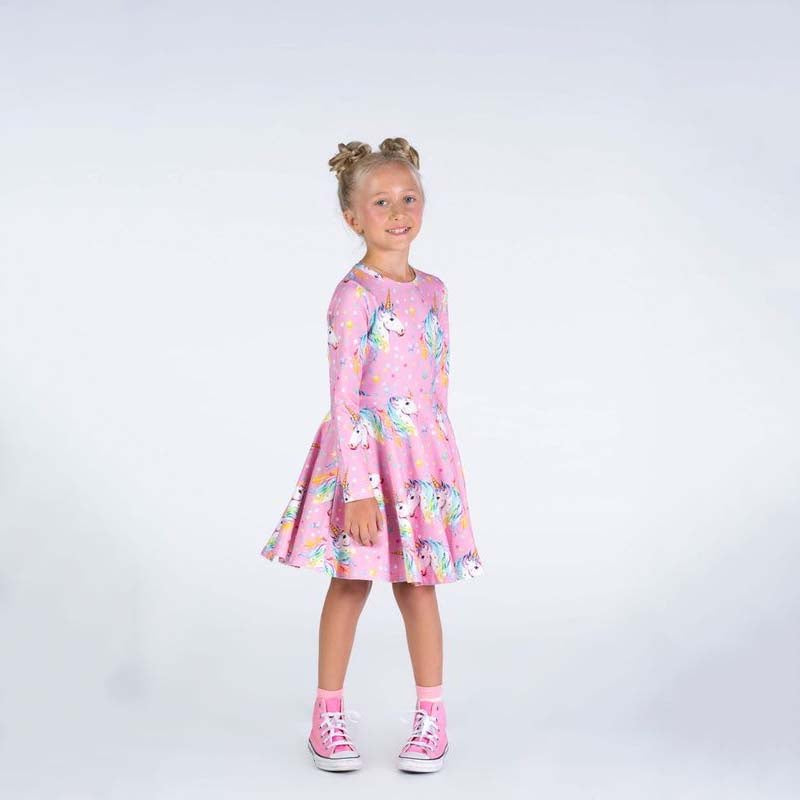 DOTTY UNICORN WAISTED DRESS | PINK