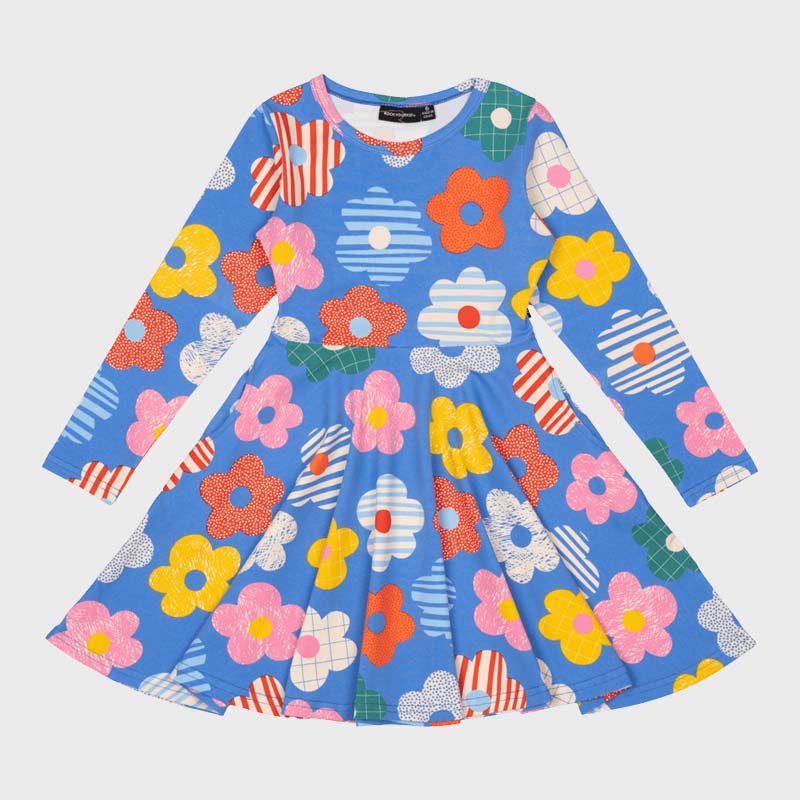 HAPPY FLOWERS WAISTED DRESS | BLUE
