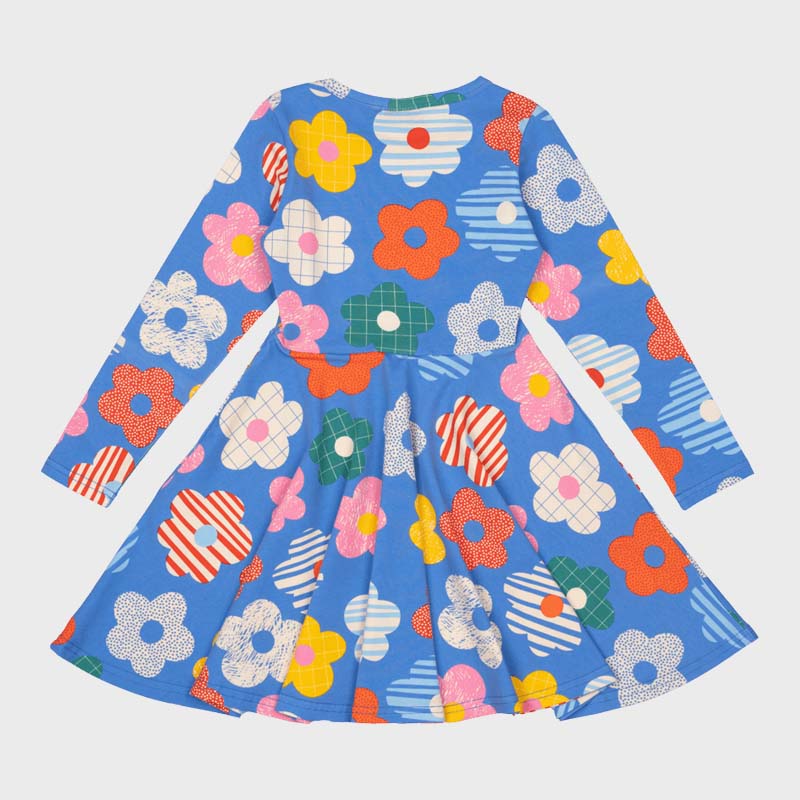 HAPPY FLOWERS WAISTED DRESS | BLUE