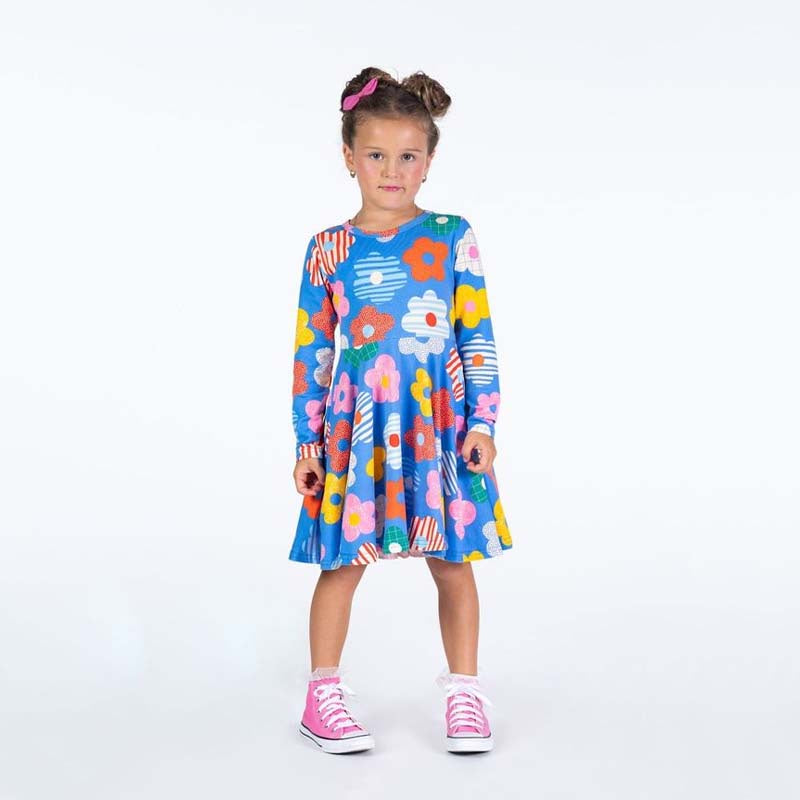 HAPPY FLOWERS WAISTED DRESS | BLUE