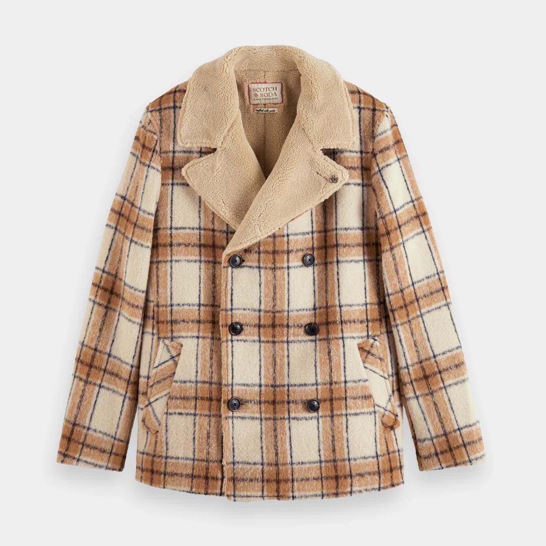 TEDDY LINED PEACOAT | OFF WHITE CAMEL CHECK