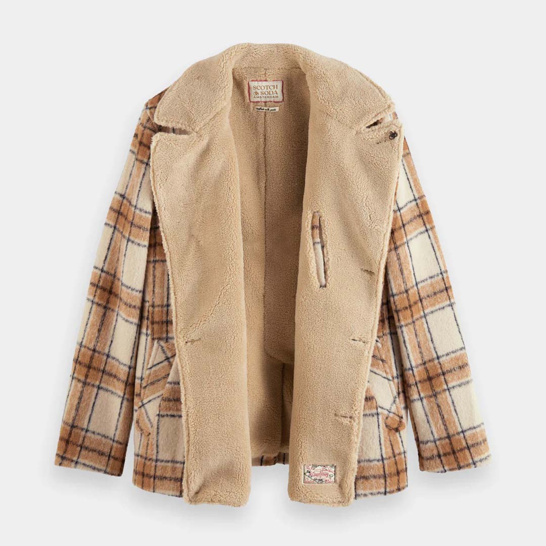 TEDDY LINED PEACOAT | OFF WHITE CAMEL CHECK