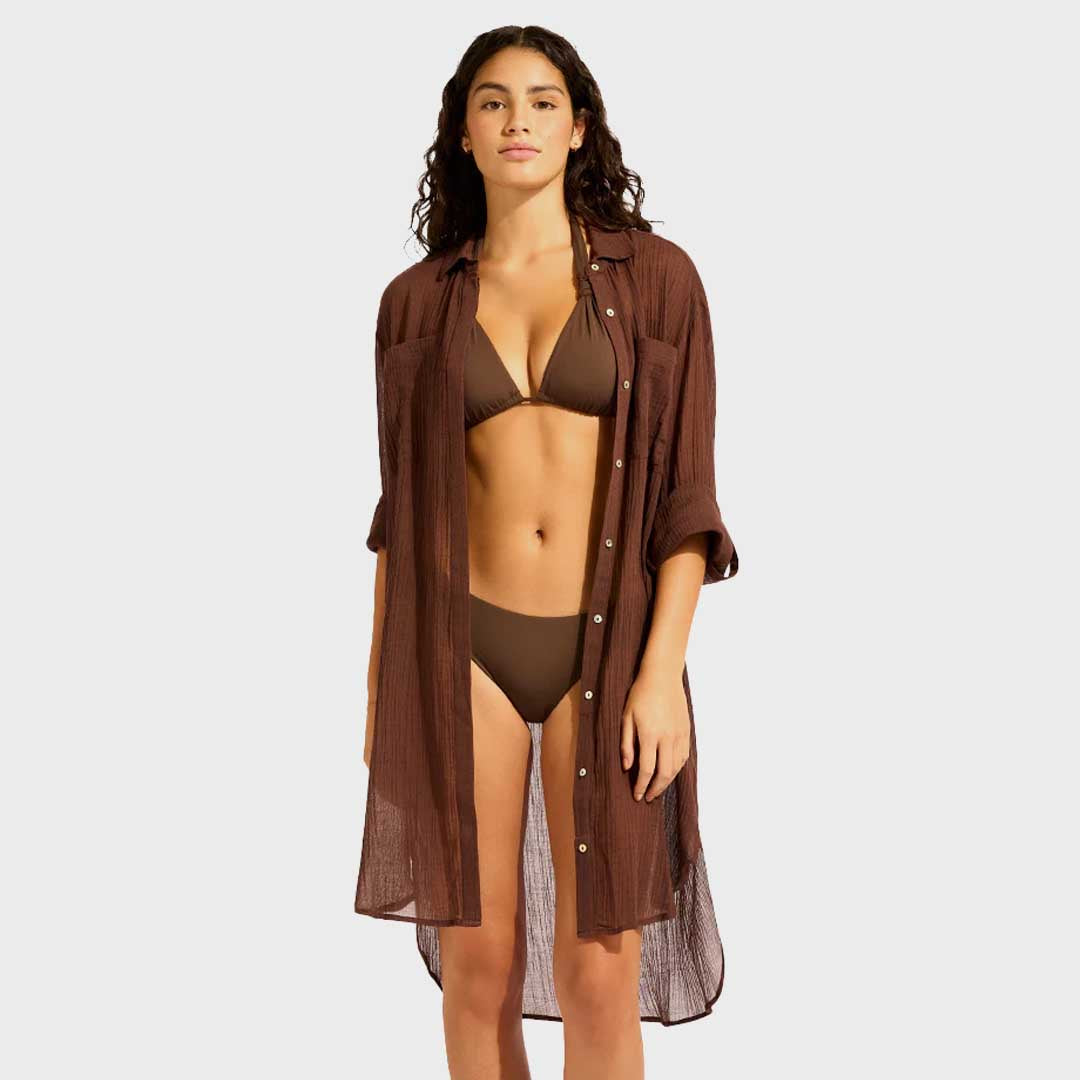 Crinkle Twill Beach Shirt | Dark Chocolate