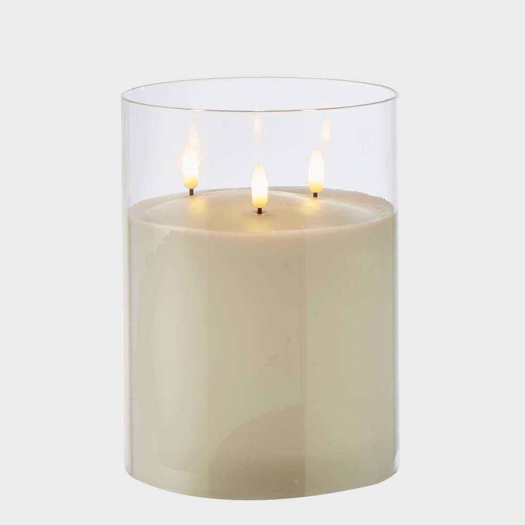 TALL GLASS TRIFLAME CANDLE | CLEAR
