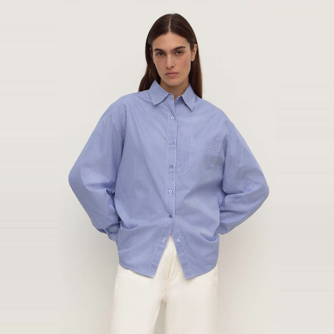 Ava Stripe Cotton Poplin Long Sleeve Shirt | Navy Stripe — image 1