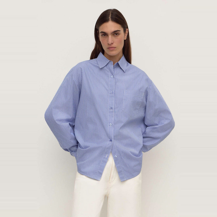 Ava Stripe Cotton Poplin Long Sleeve Shirt | Navy Stripe — image 1