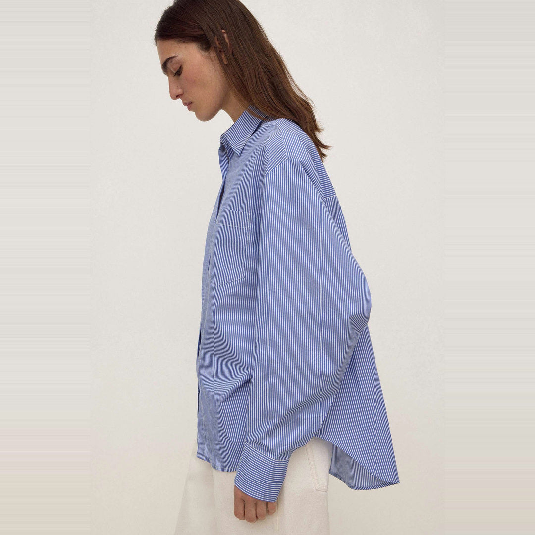 Ava Stripe Cotton Poplin Long Sleeve Shirt | Navy Stripe — image 2