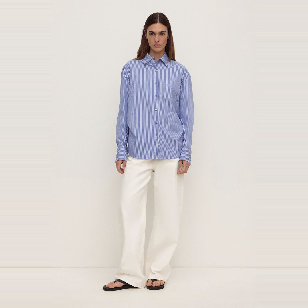 Ava Stripe Cotton Poplin Long Sleeve Shirt | Navy Stripe — image 3