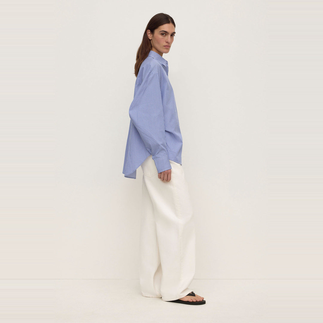 Ava Stripe Cotton Poplin Long Sleeve Shirt | Navy Stripe — image 4