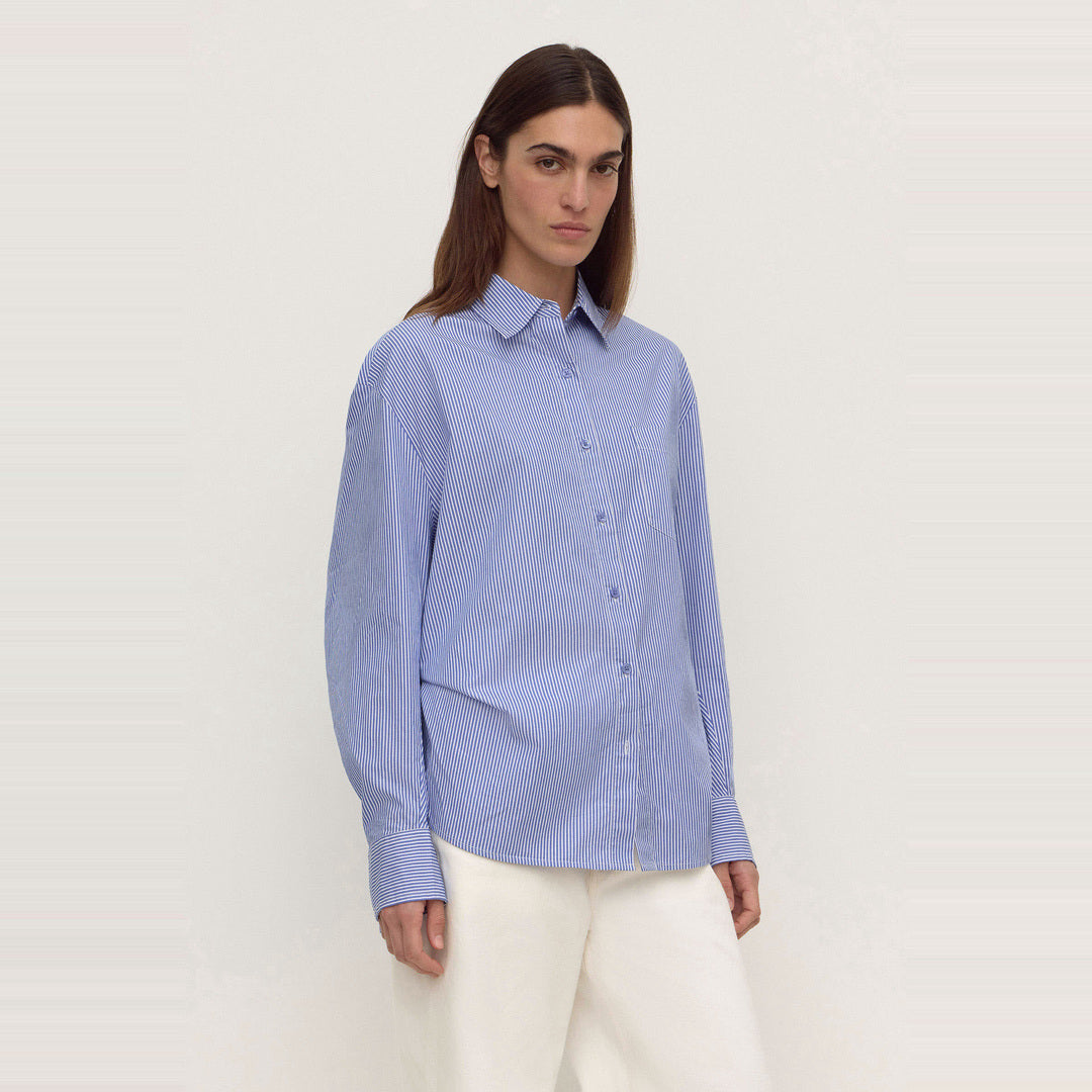 Ava Stripe Cotton Poplin Long Sleeve Shirt | Navy Stripe — image 5