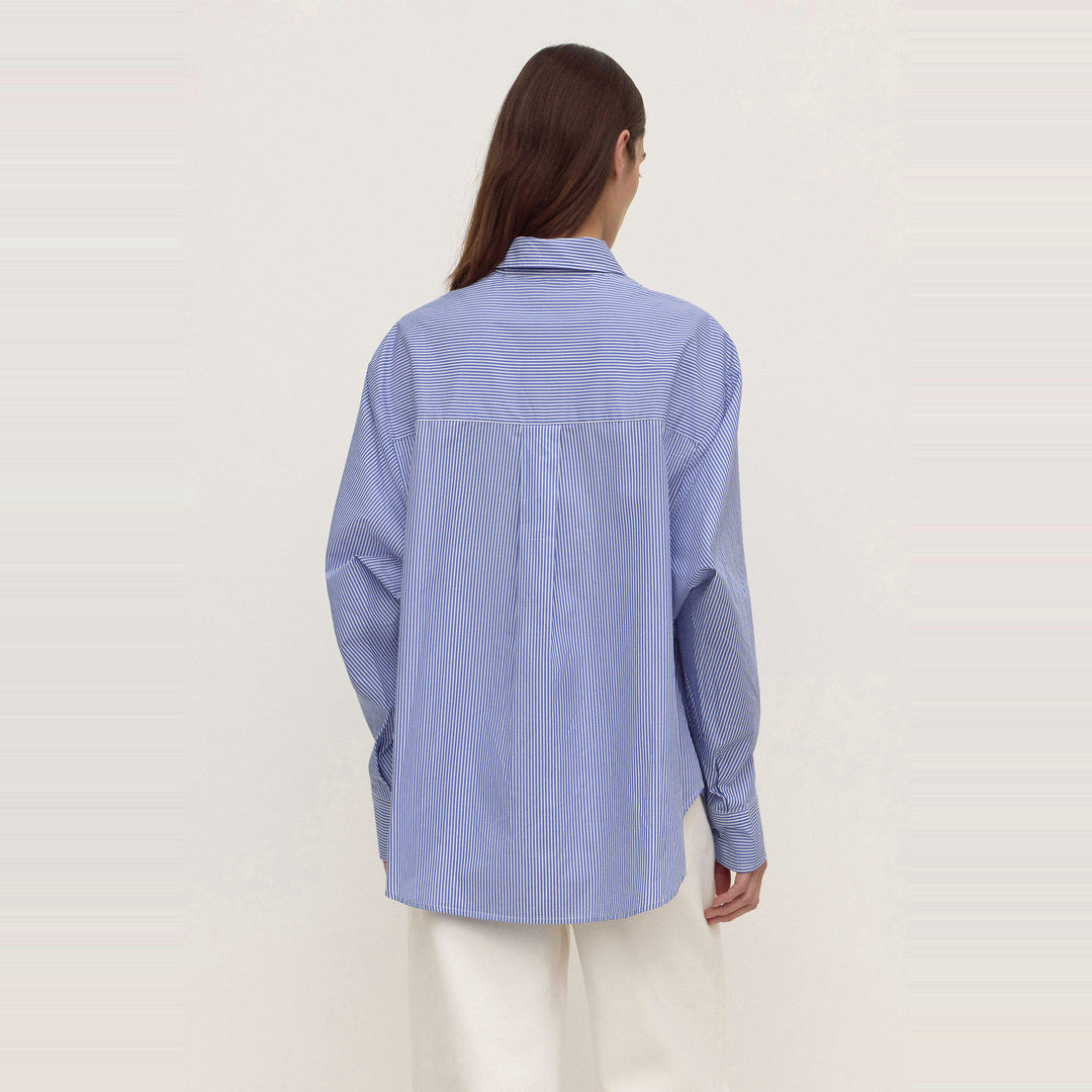 Ava Stripe Cotton Poplin Long Sleeve Shirt | Navy Stripe — image 6