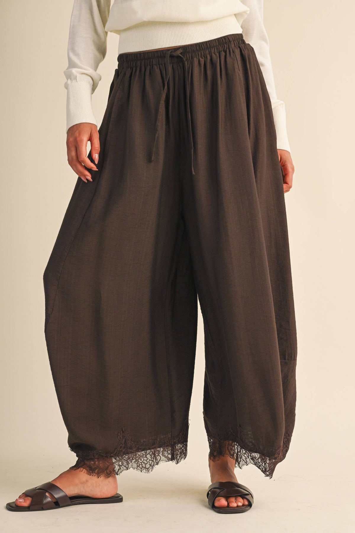 Lace Trim Barrel Pants | Dark Brown