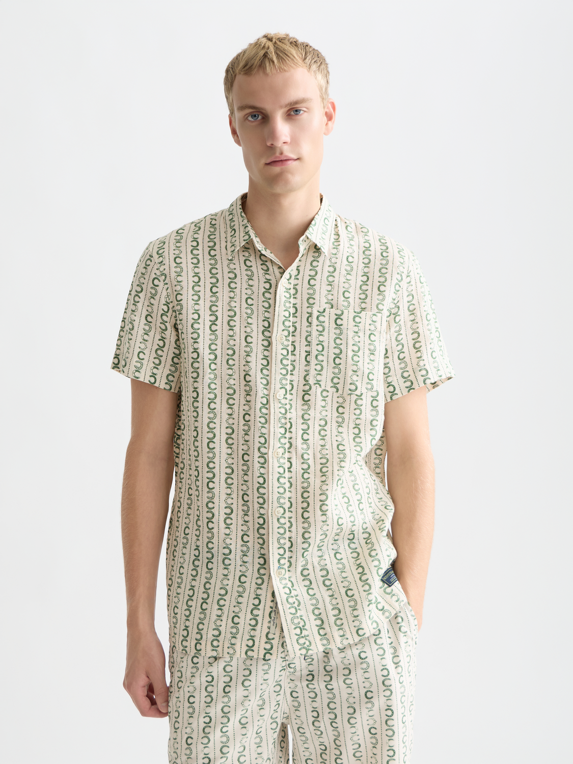 Scotch & Soda Printed Linen Short Sleeve Shirt Horseshoe Stripe Eggnog front