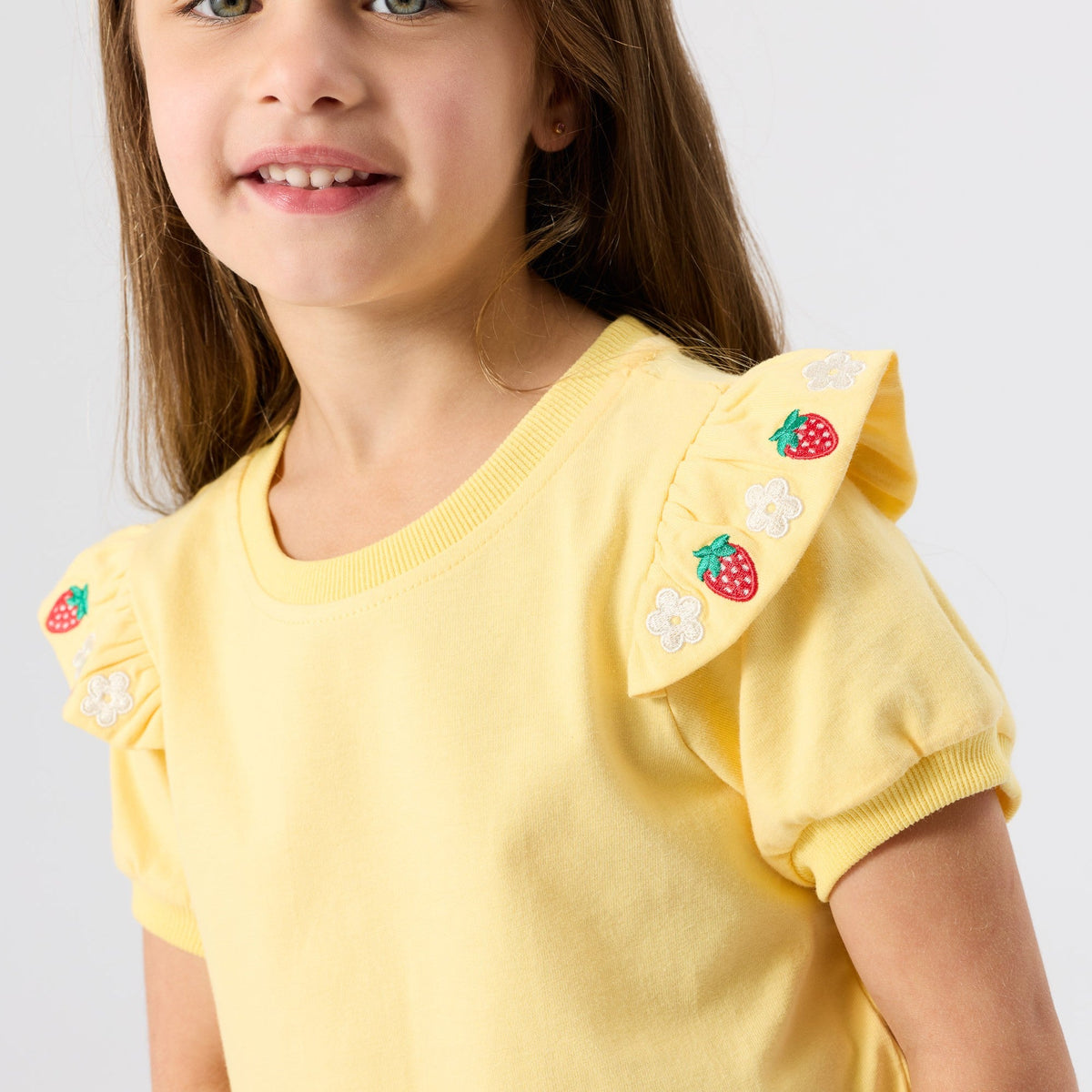 Flounce Shoulder Strawberry Top worn on body