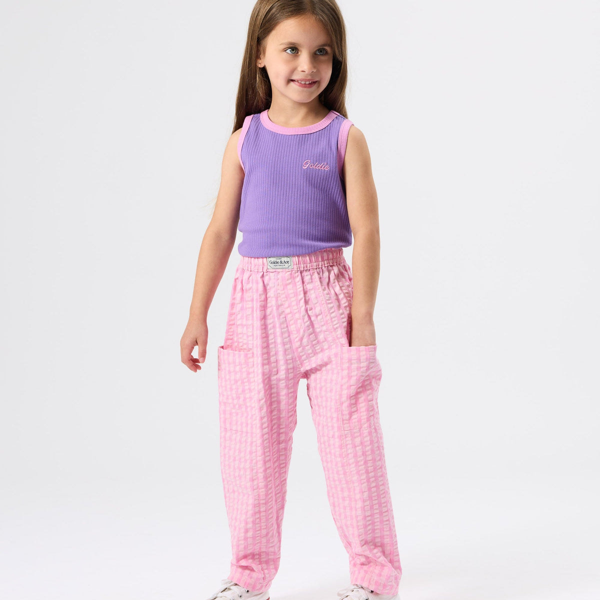 Lightweight Gingham Kit Pocket Pant worn on body