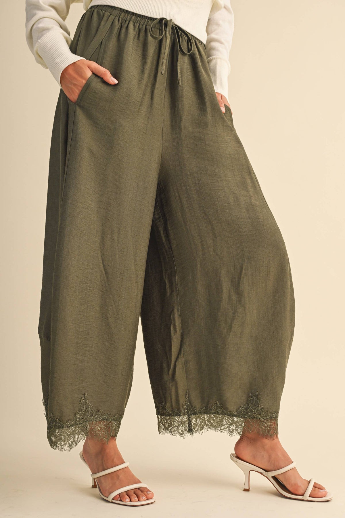 Lace Trim Barrel Pants | Olive
