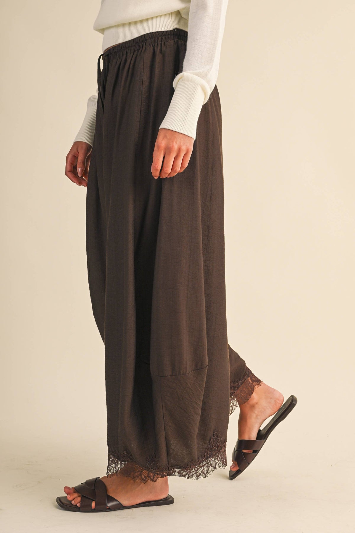 Lace Trim Barrel Pants | Dark Brown