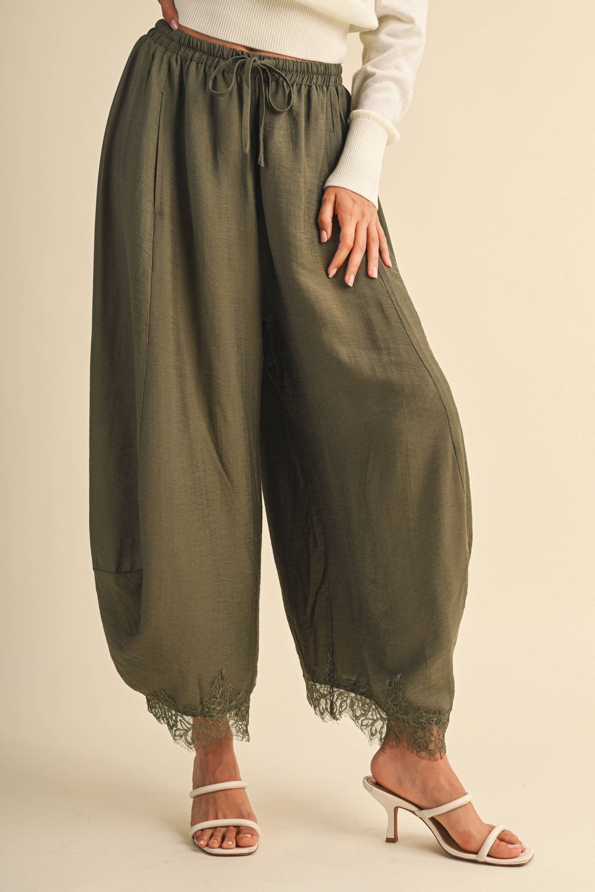 Lace Trim Barrel Pants | Olive