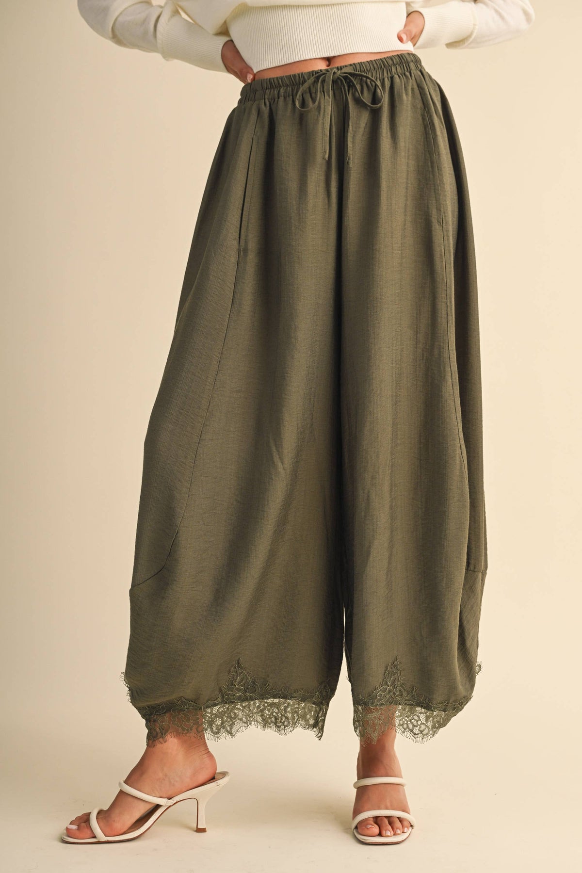 Lace Trim Barrel Pants | Olive