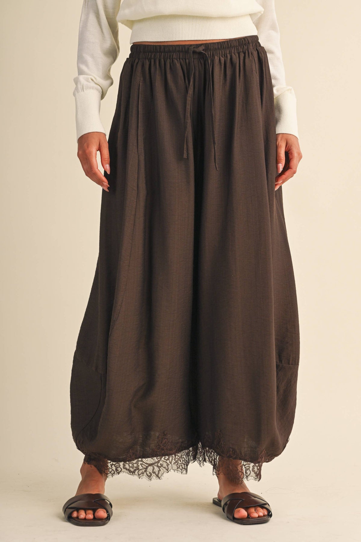 Lace Trim Barrel Pants | Dark Brown