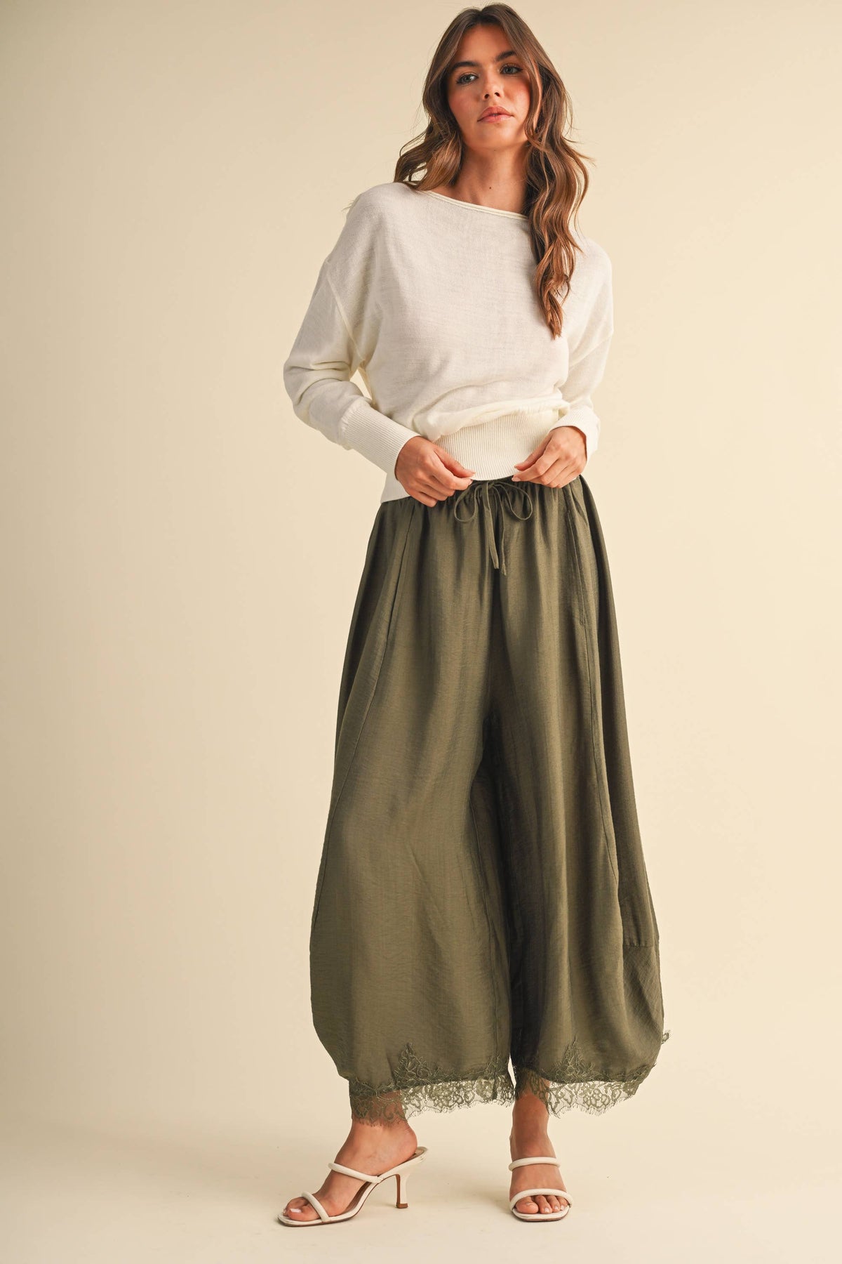 Lace Trim Barrel Pants | Olive